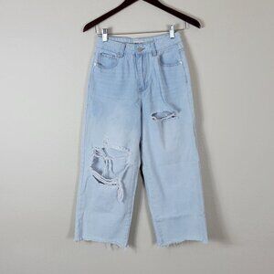 Great Smoky Light Wash Distressed Wide Leg Denim Jeans Cropped Sz 3 High Waisted